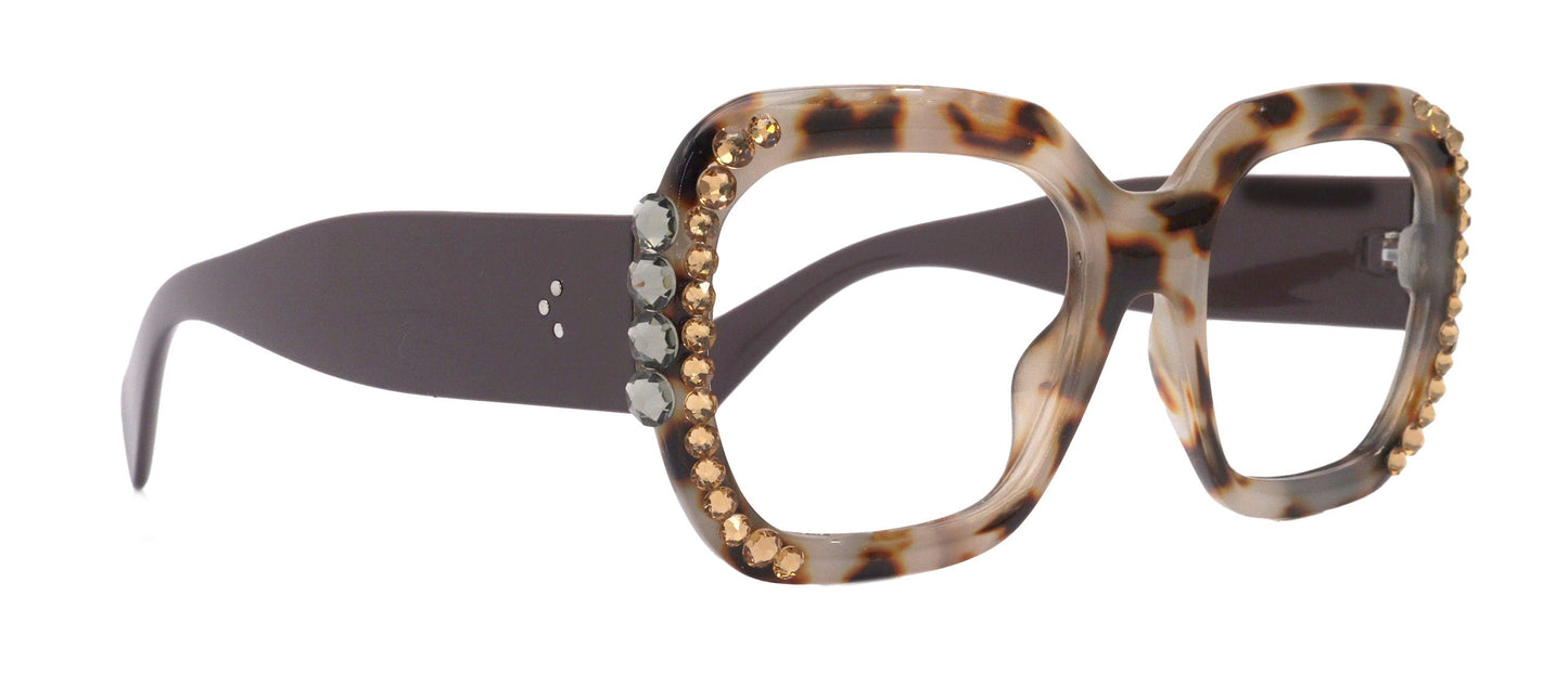 Larissa Oversized Bling Reading Glasses, Brown, Large Frame, High-End Readers, Bifocal,  Sun readers, Trendy Style,  NY Fifth Avenue