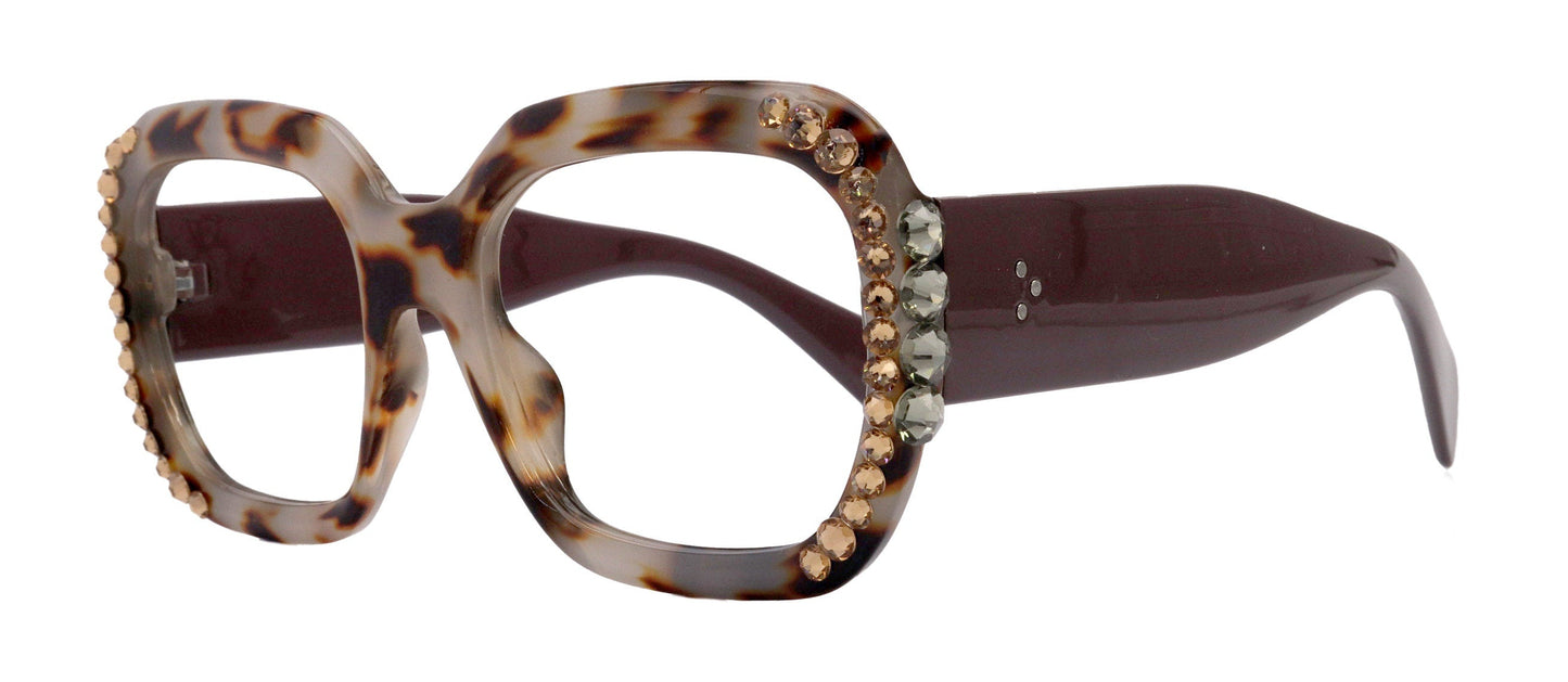 Larissa Oversized Bling Reading Glasses, Brown, Large Frame, High-End Readers, Bifocal,  Sun readers, Trendy Style,  NY Fifth Avenue